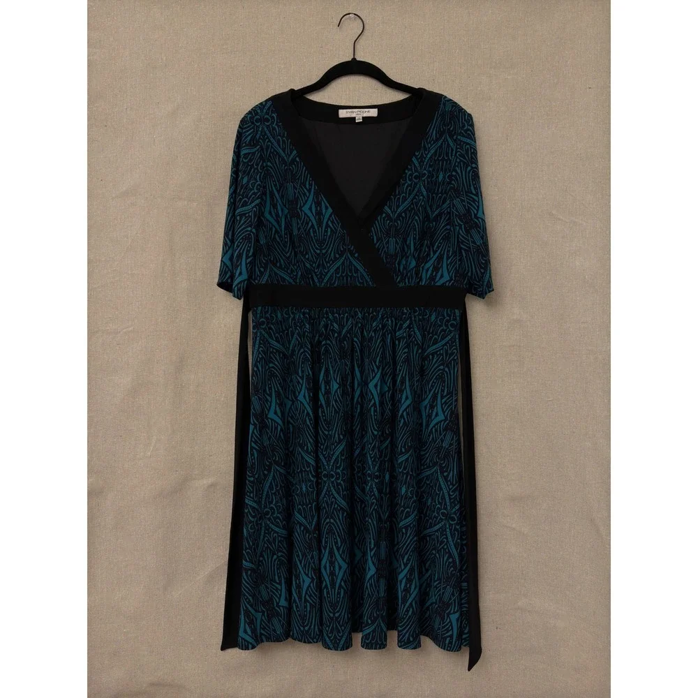 Evan-Picone Teal Black Geometric Faux Wrap Empire Waist Dress Womens 14 - Picture 1 of 5